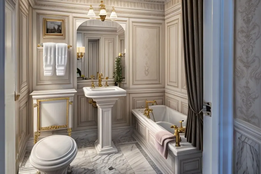 After: neoclassical bathroom with moulded wall panels, gold taps, an arched mirror and a marble floor