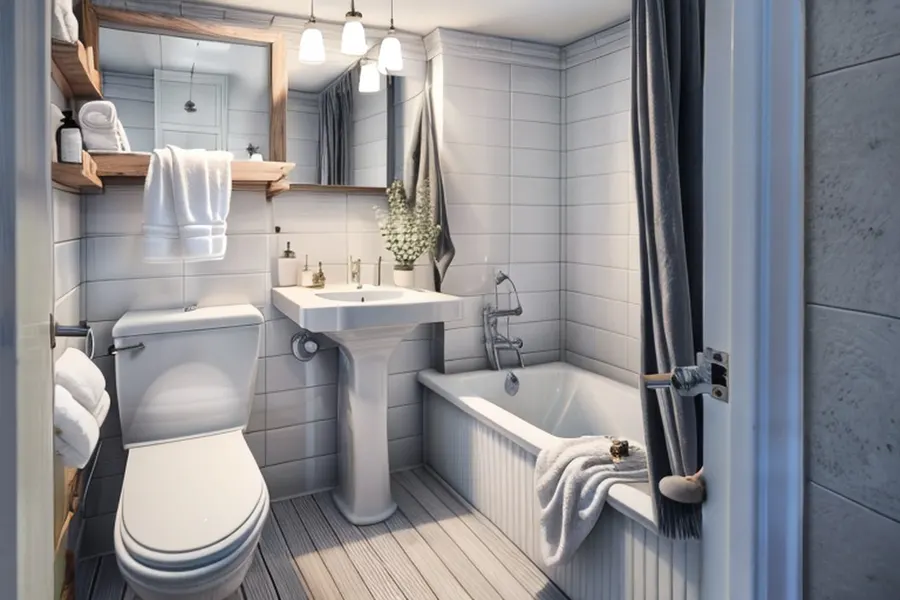 After: Scandinavian bathroom with white tiles, wood shelves with towels, a light floor and a panelled tub front