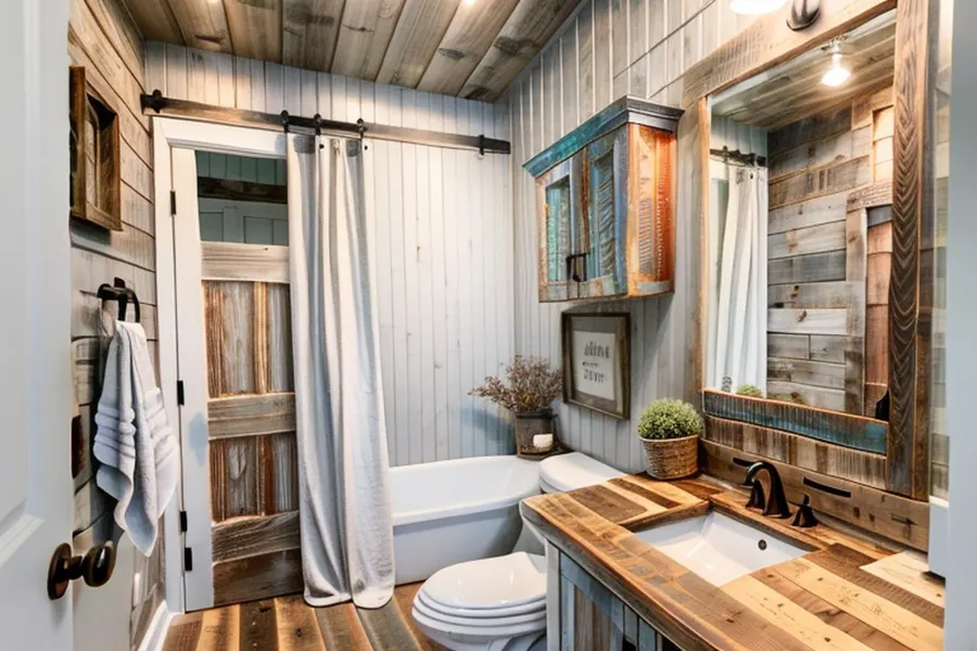 After: farmhouse bathroom with white shiplap, reclaimed wood walls, a sliding barn door and a wood vanity with black taps