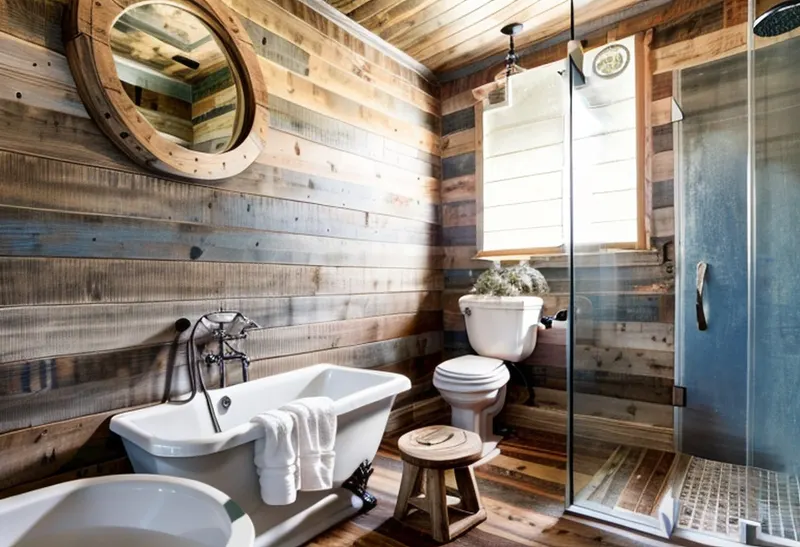 Farmhouse version: reclaimed wood walls, a round wood mirror and a clawfoot bathtub that was not in the original room