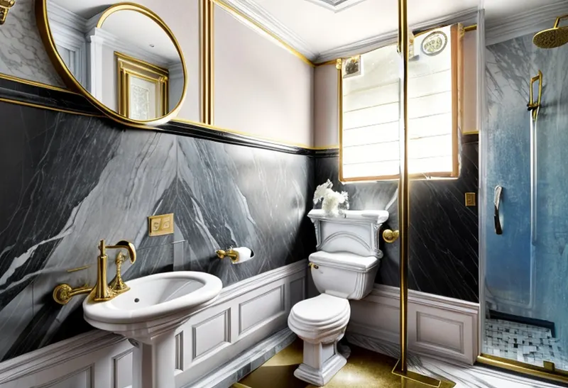 Hollywood Regency version: black marble walls, gold taps and mirror frame, white panelling and a white pedestal basin