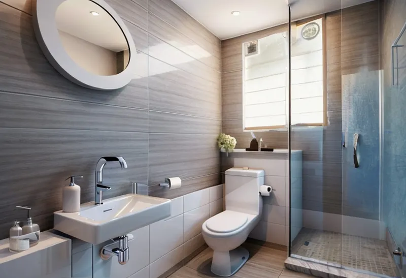 Minimalist version: grey wood-look wall tiles, a white wall-mounted basin, the glass shower kept