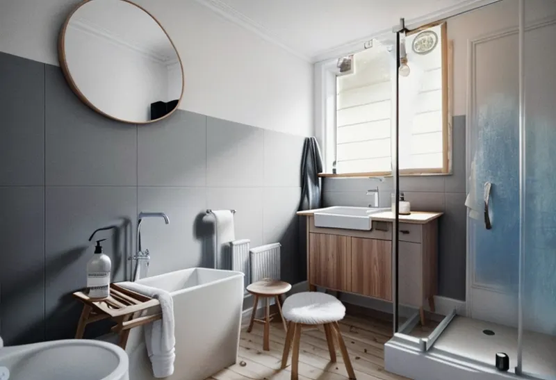 Scandinavian version: grey and white walls, a wood vanity, a wooden stool and a freestanding bathtub that was not in the original room