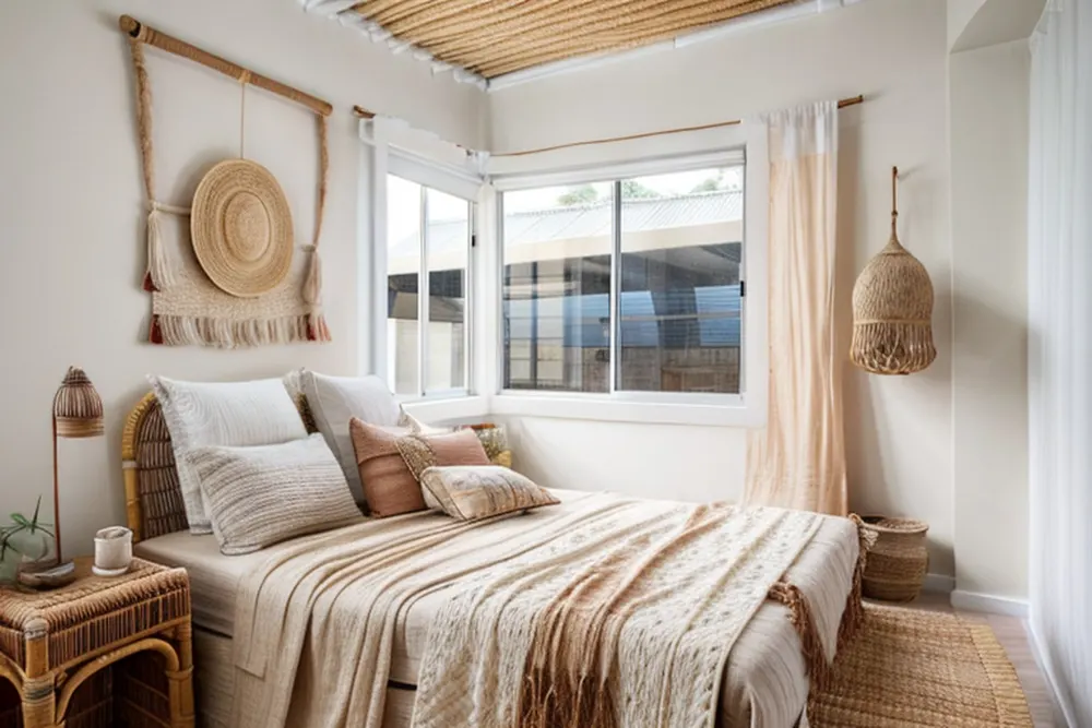 Boho version: a rattan headboard and side table, a macramé hanging with a straw hat, a woven pendant and a jute rug