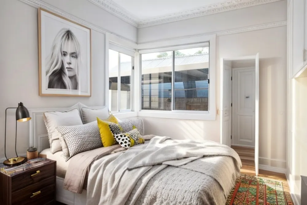 Eclectic version: mixed patterned pillows in yellow and polka dots, a large portrait print and a patterned rug