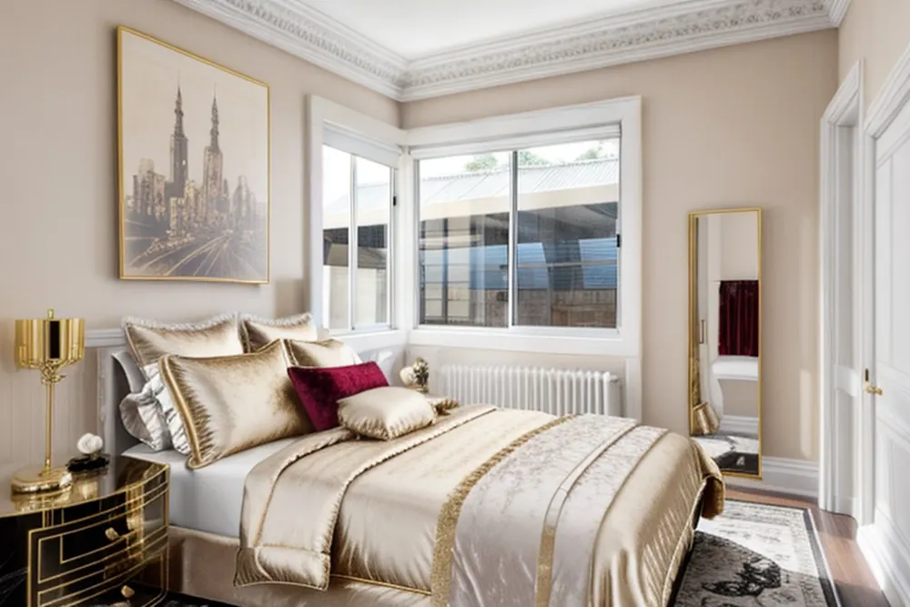 Hollywood Regency version: gold satin bedding, a black and gold nightstand and a gold lamp