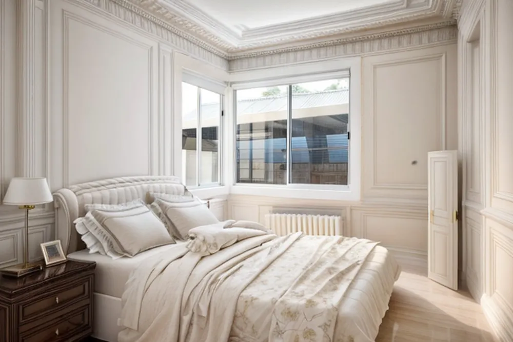 Neoclassical version: panelled walls, a carved cornice and cream bedding