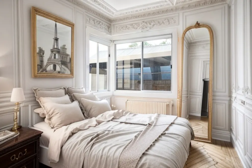 Parisian version: wall mouldings, an arched gilded mirror, an Eiffel Tower print and a herringbone floor