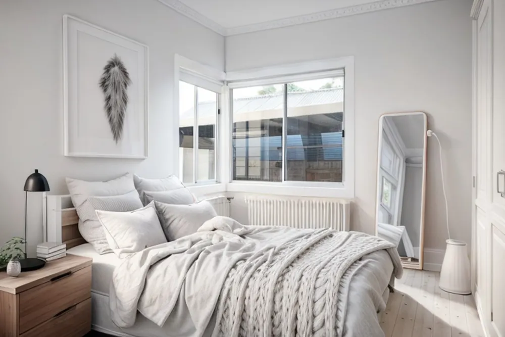 Scandinavian version: a chunky knit throw, a pale wood nightstand, a feather print and a light floor
