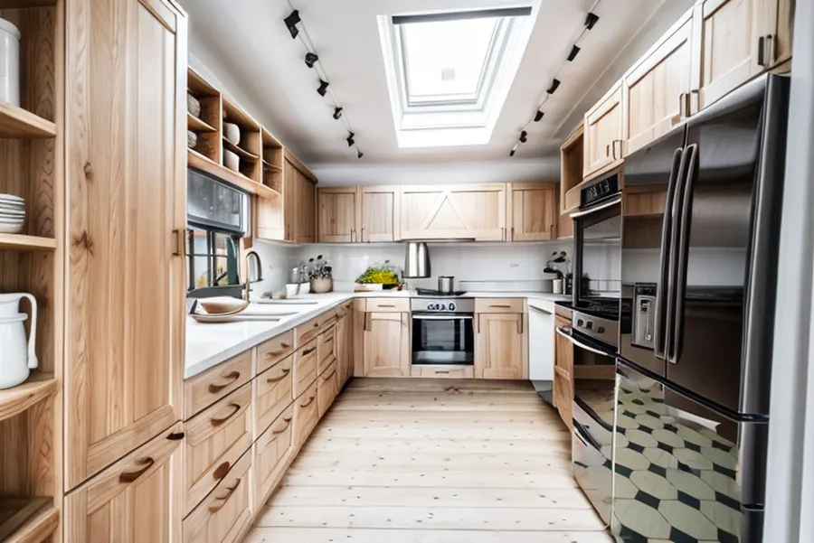 After: Scandinavian kitchen with light wood cabinets, open shelves, a skylight and track lights