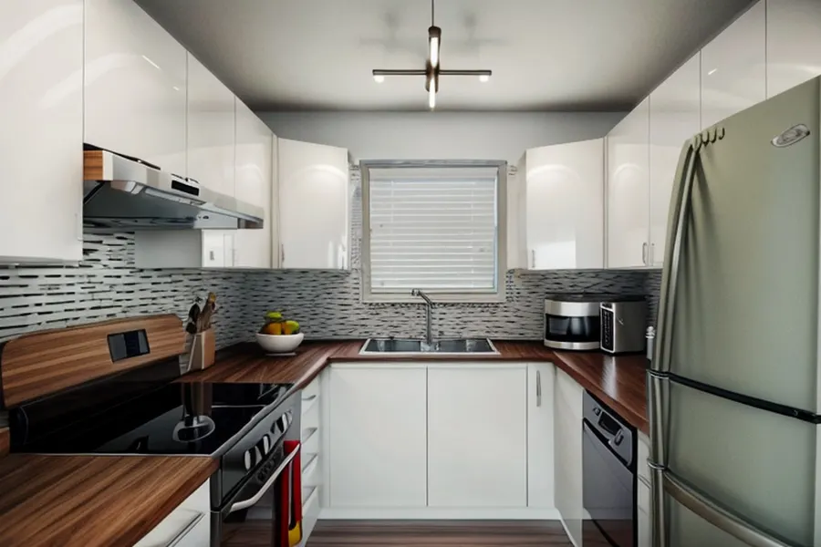 After: the same kitchen redesigned by AI in mid-century modern style with glossy white cabinets, walnut counters, a sage-green fridge and a linear tile backsplash