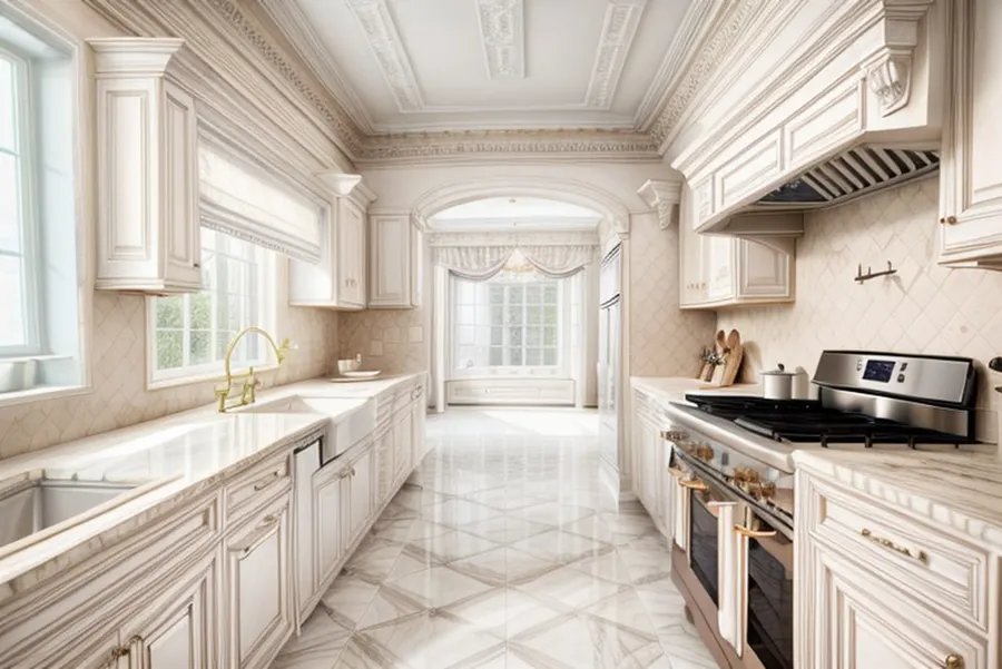 After: neoclassical galley kitchen with ornate white cabinets, marble counters and floor, a moulded ceiling and an arched opening
