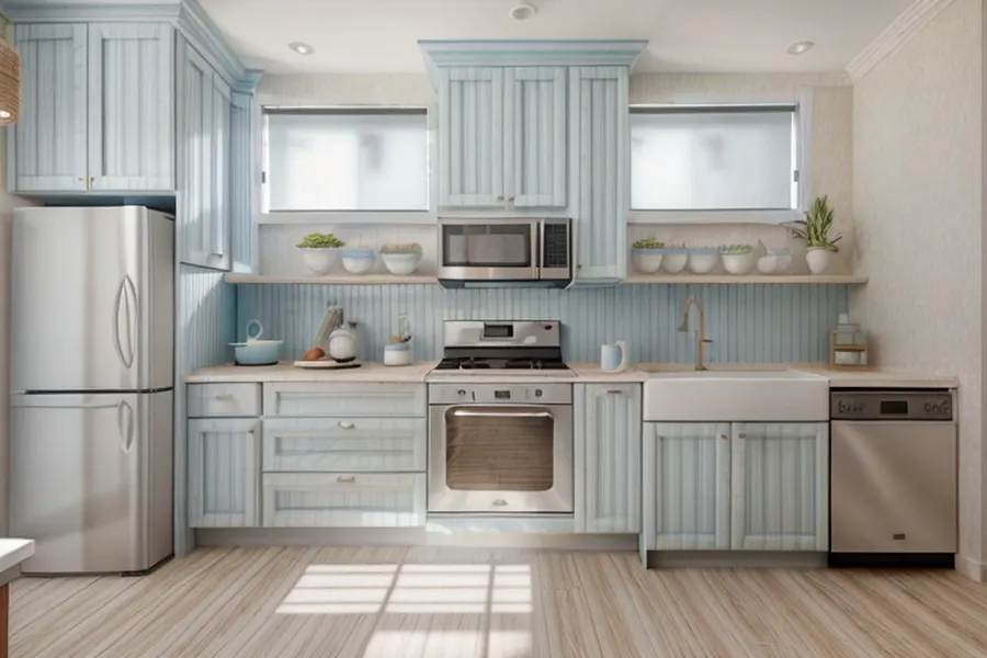 After: coastal kitchen with pale blue planked cabinets, a blue beadboard backsplash, an apron sink and open shelves