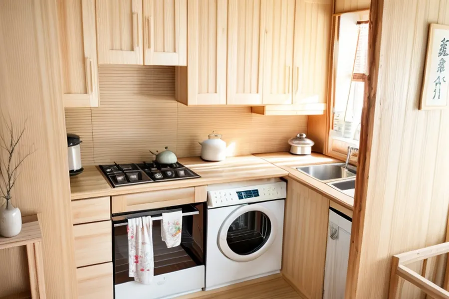 After: Japanese-style kitchen with pale natural wood cabinets and a wood backsplash, with the washing machine kept