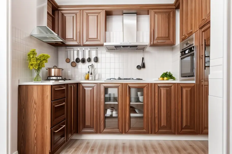 After: calmer kitchen with matte walnut cabinets, plain white square tiles and a utensil rail