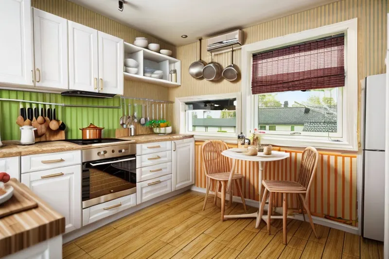 Eclectic version: a green tile backsplash, striped wallpaper, hanging copper pans and an orange-striped wall panel