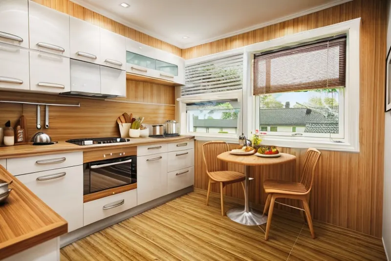 Mid-century modern version: wood-slat walls, white cabinets, a round pedestal table and moulded wood chairs
