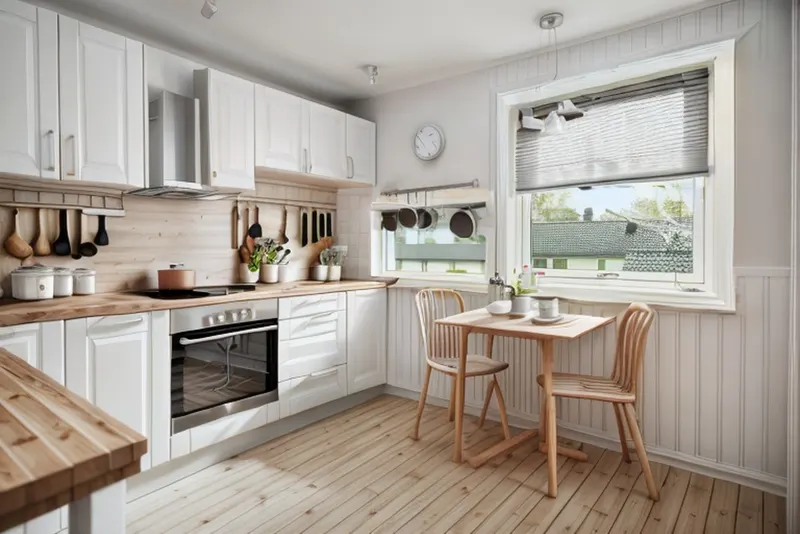 Scandinavian version: light wood floor, white panelled walls, a utensil rail and a pale wood table