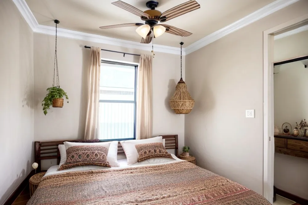 After: the same bedroom staged in boho style with a wood bed, patterned bedding, linen curtains and hanging plants