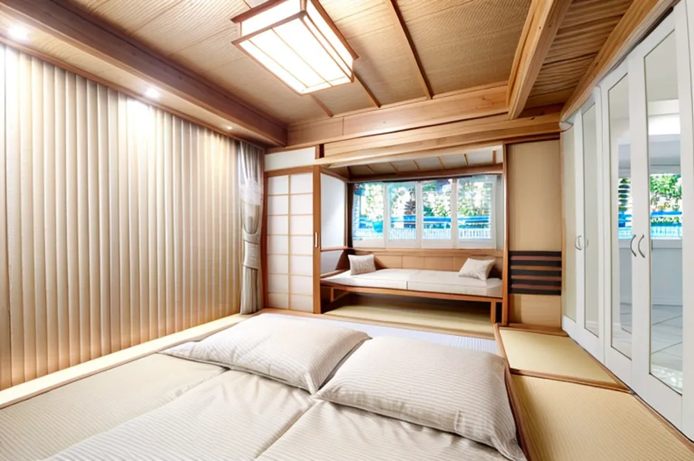 After: the same bedroom in Japanese style with a wood ceiling, paper screens, futons and a built-in window seat
