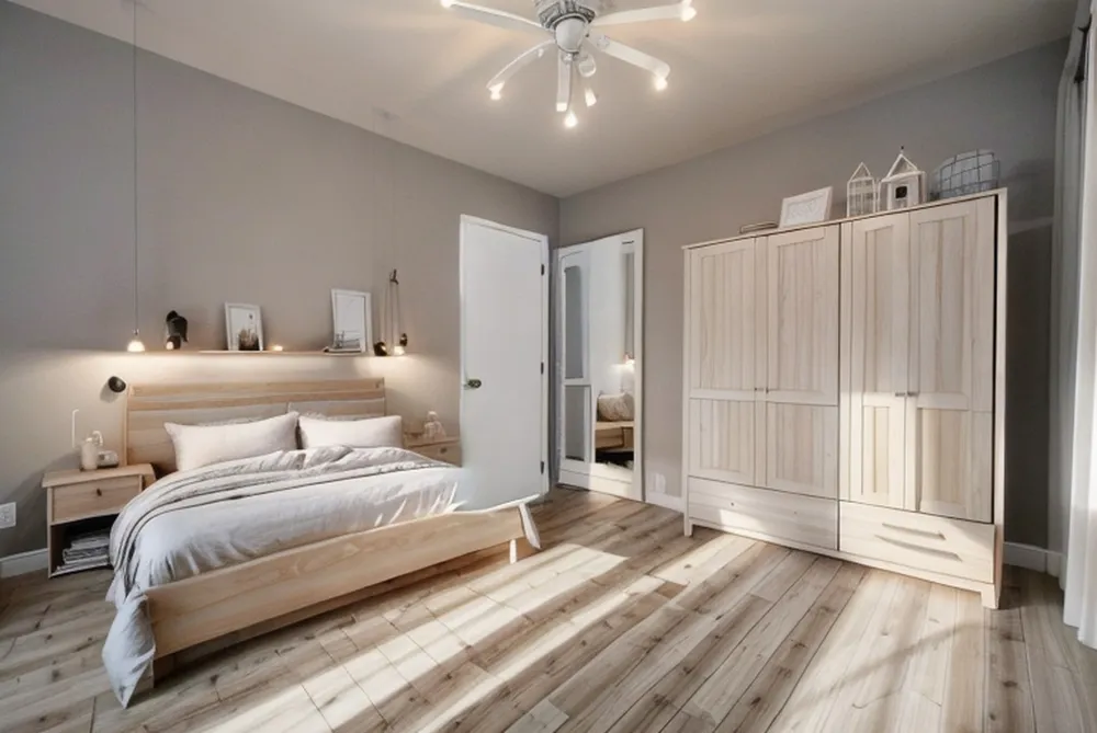 After: the same bedroom staged in Scandinavian style with a pale wood bed, a nightstand and a wardrobe