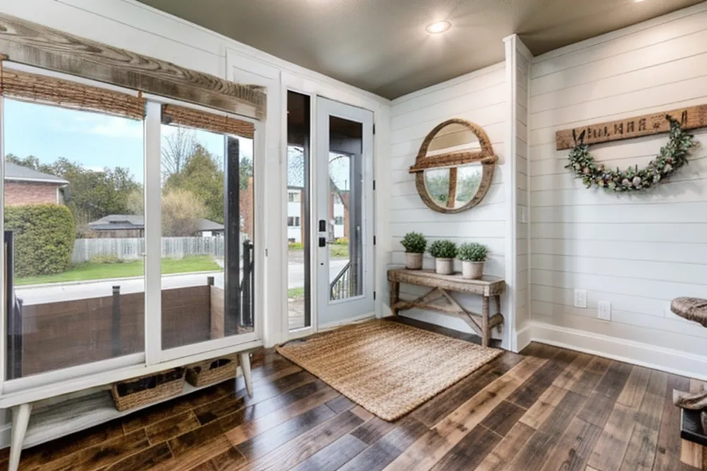 After: the same entryway staged in farmhouse style with shiplap walls, a console table, a round mirror and a jute rug