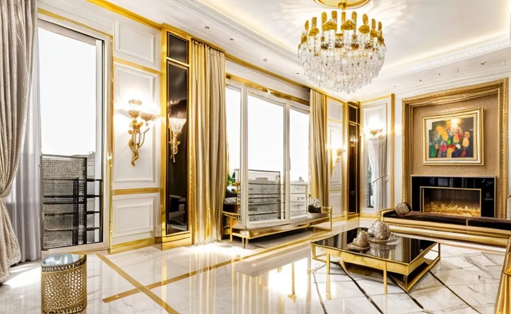 After: the same room staged in Hollywood Regency style with gold wall panels, a crystal chandelier, a glass coffee table and a fireplace