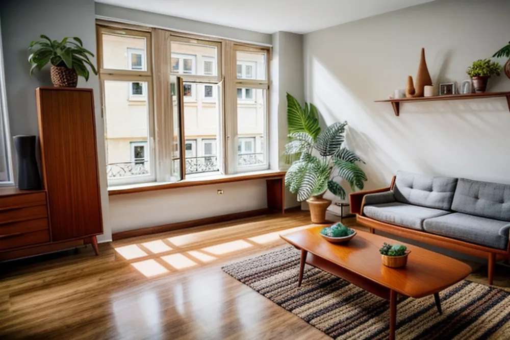 After: the same room virtually staged in mid-century modern style with a grey sofa, a teak coffee table, a teak cabinet, a striped rug and plants