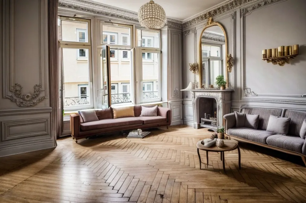 After: the same room in Parisian style with wall mouldings, a herringbone floor, a gilded mirror and a new marble fireplace