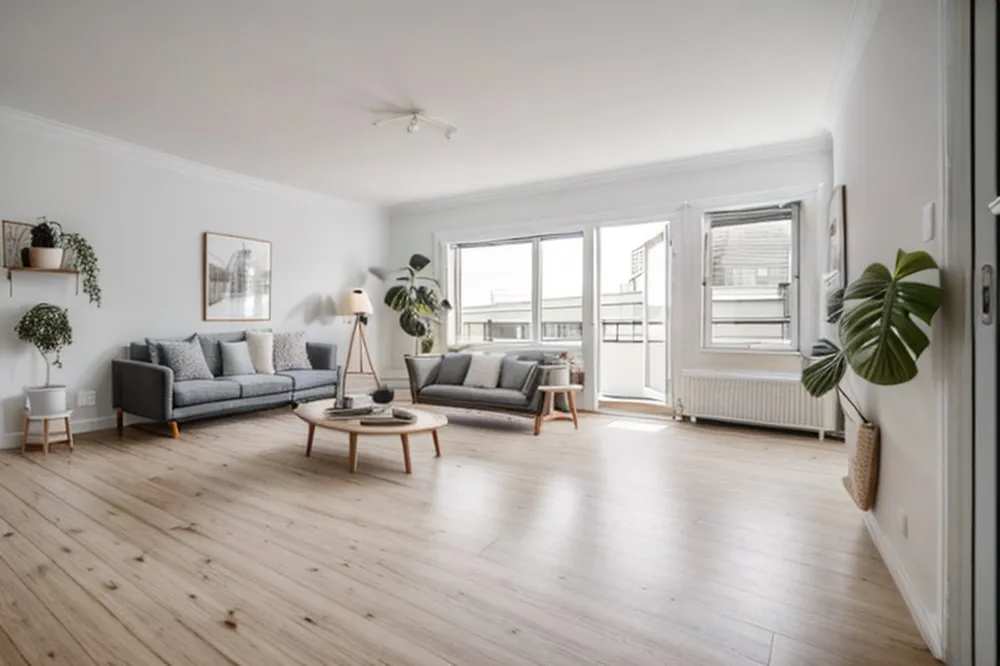 After: the same room staged in Scandinavian style with two grey sofas, a round coffee table, a floor lamp, wall art and plants