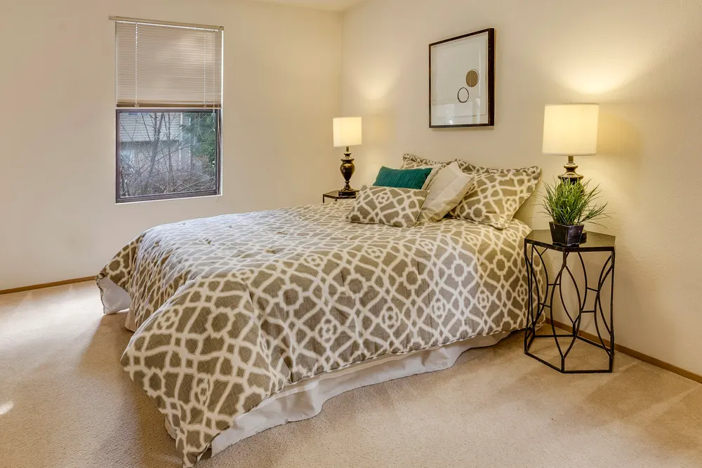 Before: plain bedroom with cream walls, beige carpet and a patterned comforter