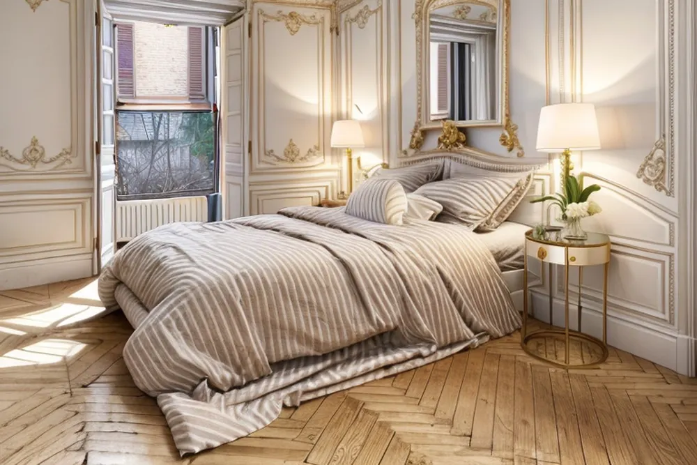 After: the bedroom in Parisian style with wall mouldings, herringbone floor and a gilded mirror