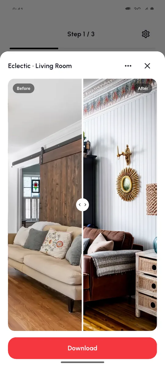DecorAI result screen: a living room redesigned in Eclectic style with a before/after slider