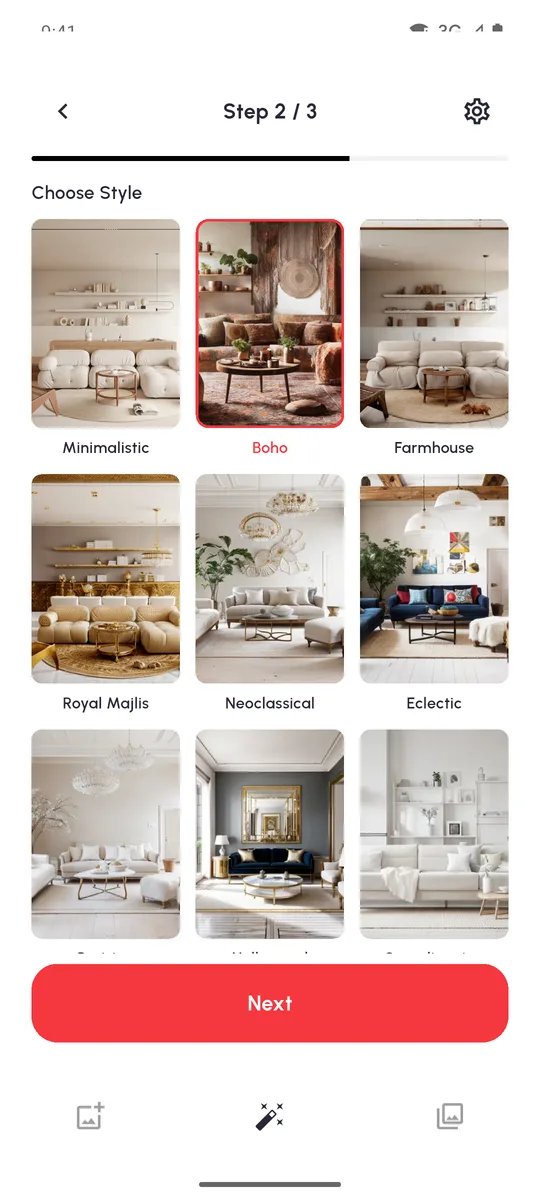 DecorAI step 2: choosing an interior style, Boho selected