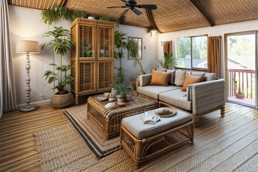 After: the same room in natural boho style with a rattan cabinet, rattan coffee table and bench, a jute rug, plants and rust cushions