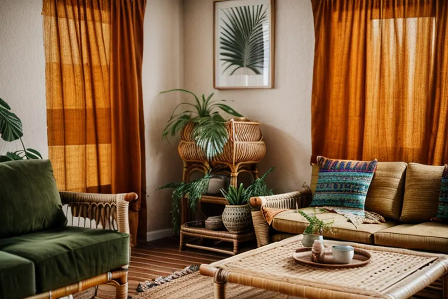 After: colourful boho with sheer orange curtains, a green velvet rattan chair, a woven coffee table, a mustard sofa and patterned cushions