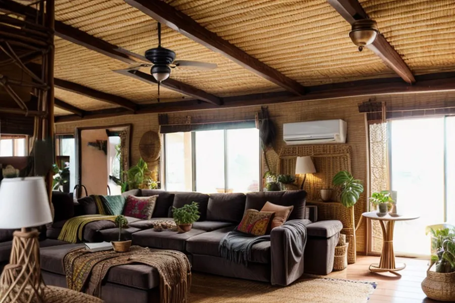 After: dark, moody boho with the same beams, a dark brown sectional layered with patterned throws and pink cushions, a rattan lamp and plants
