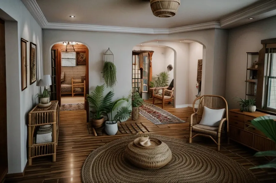 After: cozy boho with arched doorways, a round jute rug with a woven pouf, a rattan armchair, hanging plants and a woven pendant light