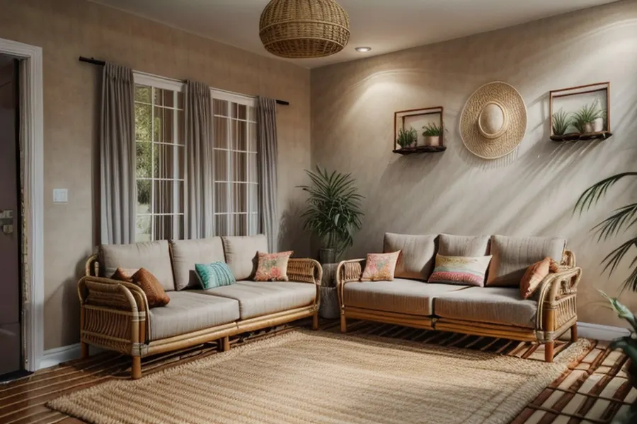 After: modern boho with two neutral rattan-frame sofas, colourful cushions, a large jute rug, a woven pendant, a straw hat on the wall and plant shelves