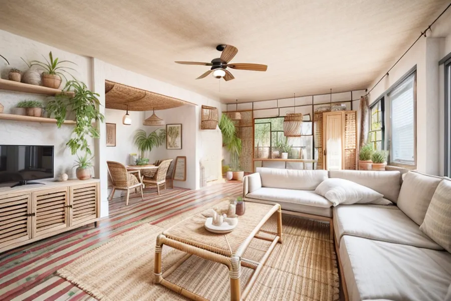 After: light, minimal boho with a cream sectional, a rattan coffee table, a slatted rattan TV cabinet, a striped rug and plants on open shelves