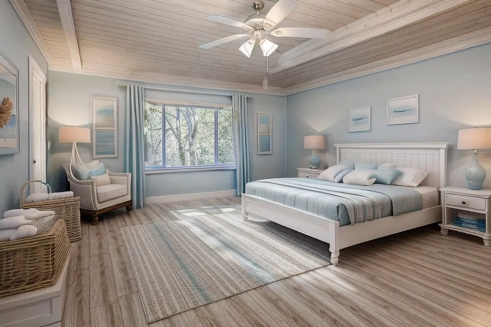 After: the same bedroom with pale blue walls, a whitewashed floor, a white plank ceiling and blue curtains