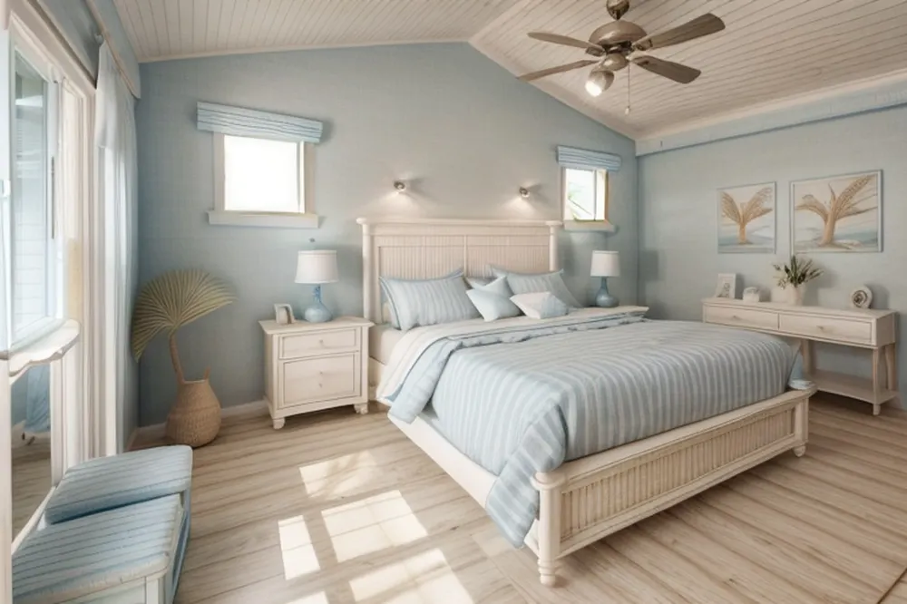 After: the same bedroom with a white plank ceiling, pale blue walls and a white slatted bed