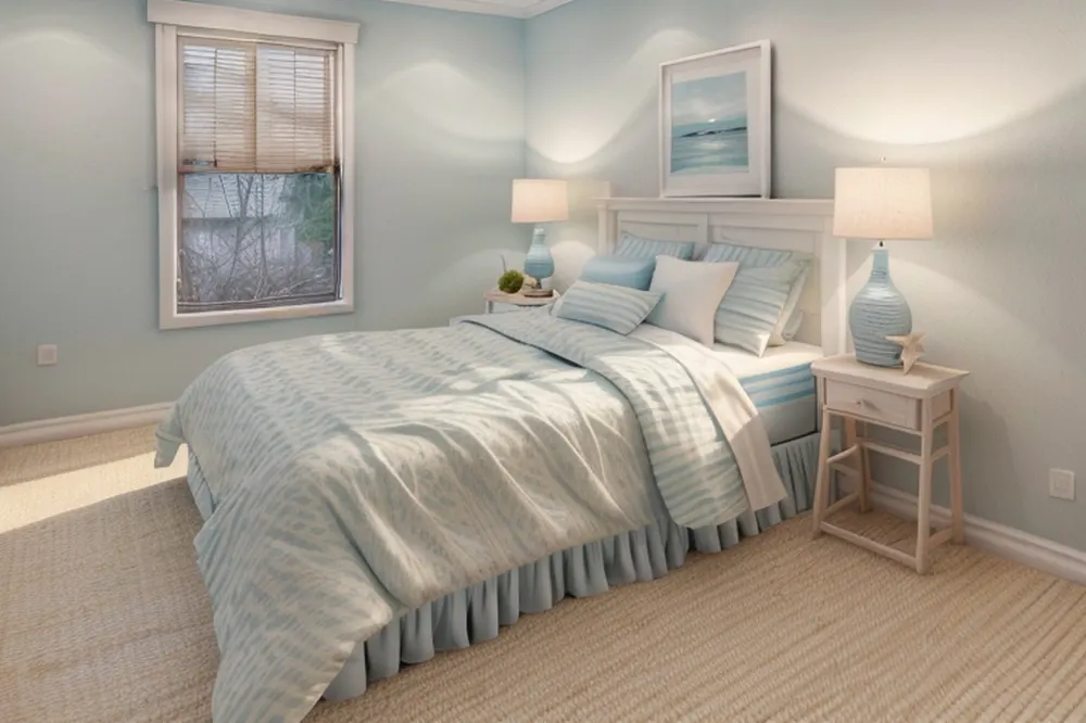 After: the same bedroom with pale blue walls, a white bed, blue-and-white bedding, a wave print and a jute rug