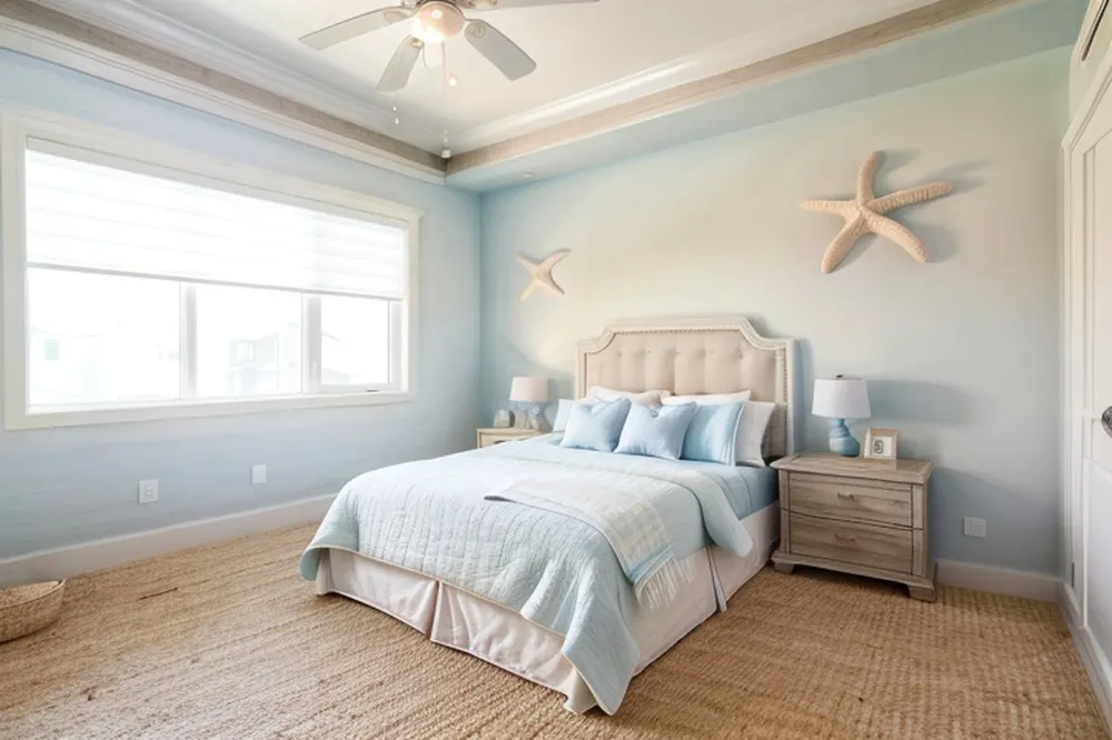 After: the same bedroom with a cream bed, light blue walls, a starfish on the wall and a jute rug