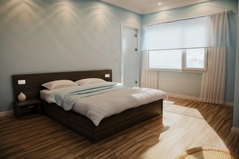 After: the coastal version with pale blue walls and lighter bedding but the same dark bed