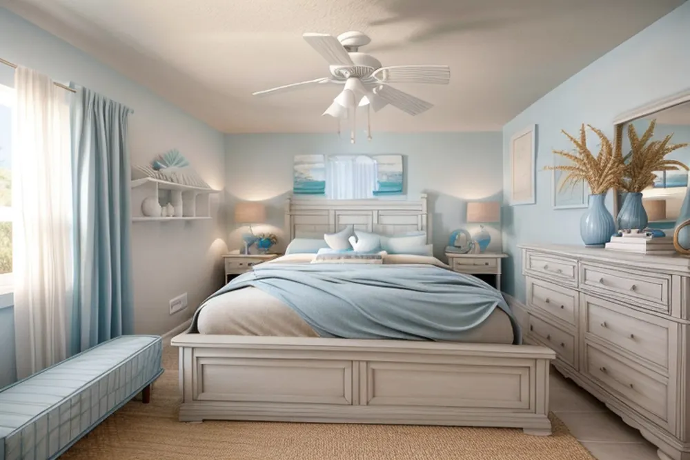 After: the same bedroom with white furniture, pale blue walls, blue curtains and dried grasses