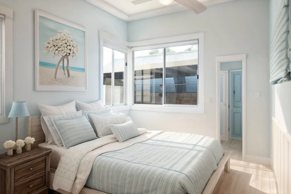 After: the coastal version, where the tall mirror became a doorway