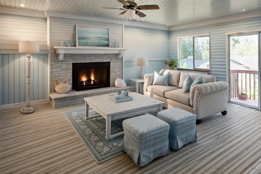 After: the same room with pale blue board walls, a white brick fireplace, a white coffee table and blue-checked ottomans