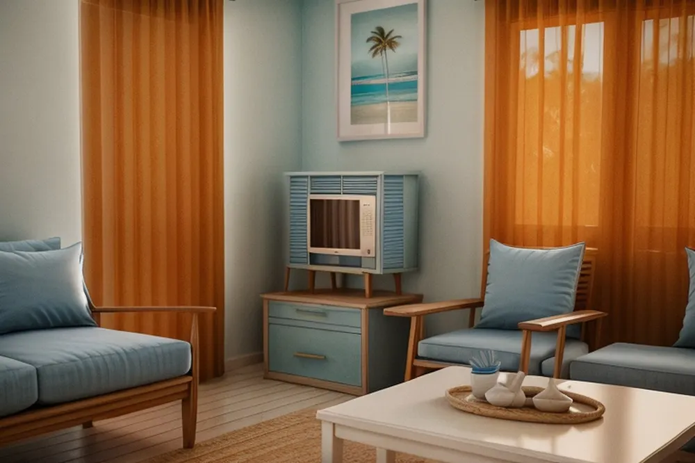 After: the coastal version with blue cushions and a palm print, but the same orange curtains