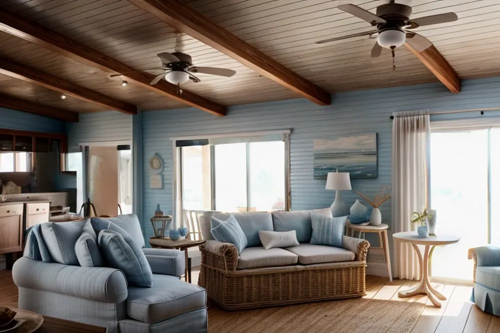 After: the same room with the beams kept, pale blue walls, light blue sofas and a rattan loveseat
